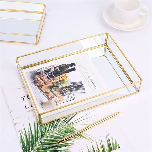 Nordic Retro Storage Tray Gold Rectangle Glass Makeup Organizer Tray Dessert Plate Jewelry Display Home Kitchen Decor