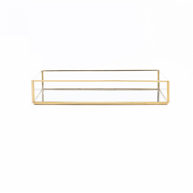 Nordic Retro Storage Tray Gold Rectangle Glass Makeup Organizer Tray Dessert Plate Jewelry Display Home Kitchen Decor